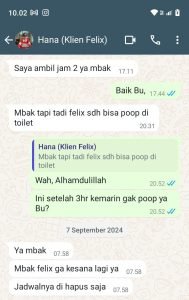 Setelah menjalani sesi hipnoterapi anak di Thetamedika, ada harapan yang mulai tumbuh. Terapis dan Ibu Hana terus berkomunikasi untuk memantau perkembangan Felix. Dan benar saja, sebuah pesan singkat melalui WhatsApp menjadi penanda keberhasilan yang luar biasa.