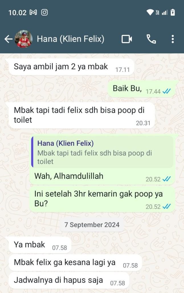 Setelah menjalani sesi hipnoterapi anak di Thetamedika, ada harapan yang mulai tumbuh. Terapis dan Ibu Hana terus berkomunikasi untuk memantau perkembangan Felix. Dan benar saja, sebuah pesan singkat melalui WhatsApp menjadi penanda keberhasilan yang luar biasa.